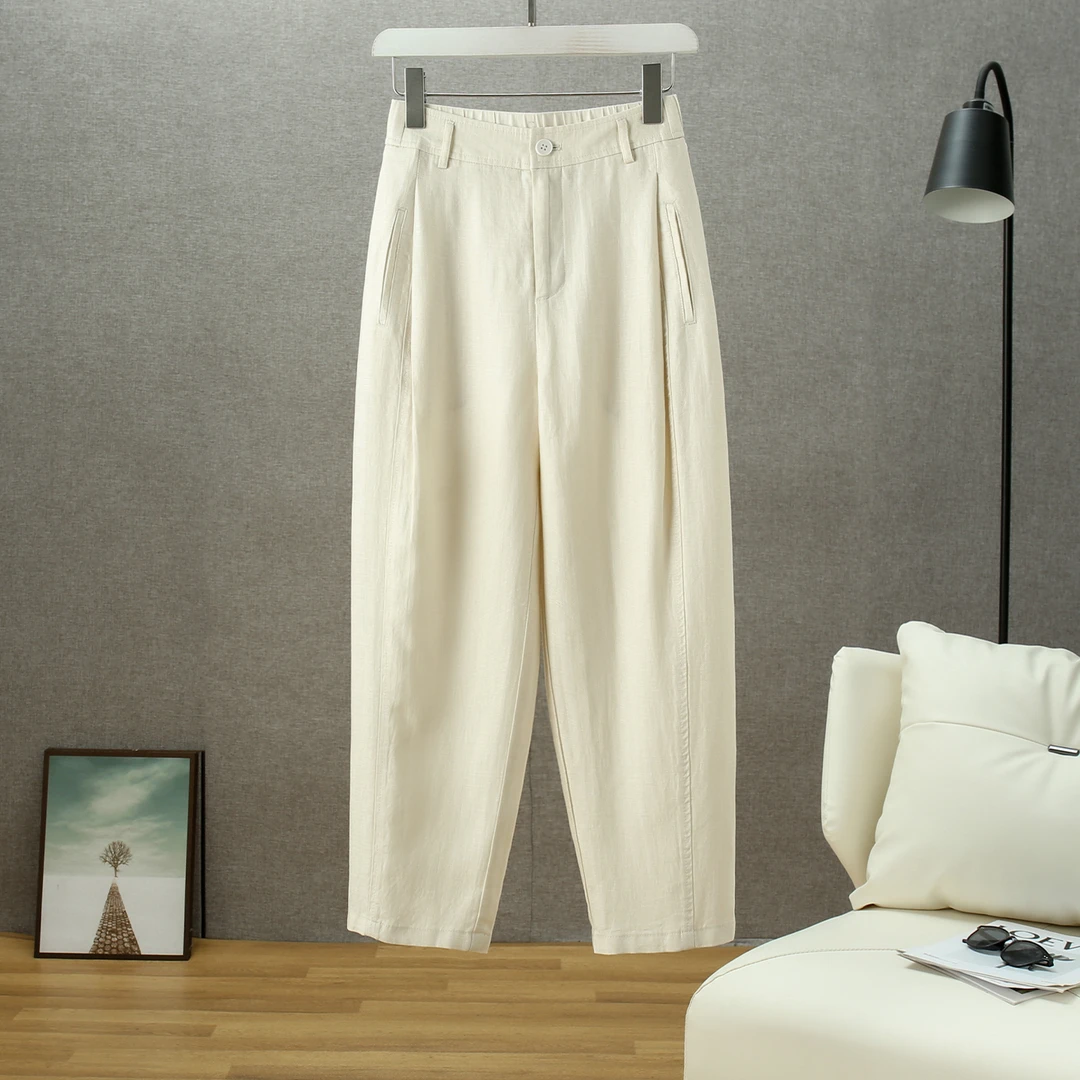 天丝亚麻裤女2024夏季薄款高腰九分裤妈妈棉麻裤子小脚萝卜哈伦裤
