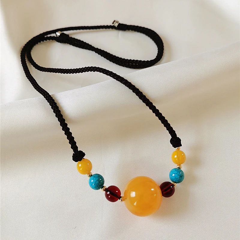 合金树脂项链 民族风黄圆珠吊坠项链男女同款手工编织毛衣链挂件