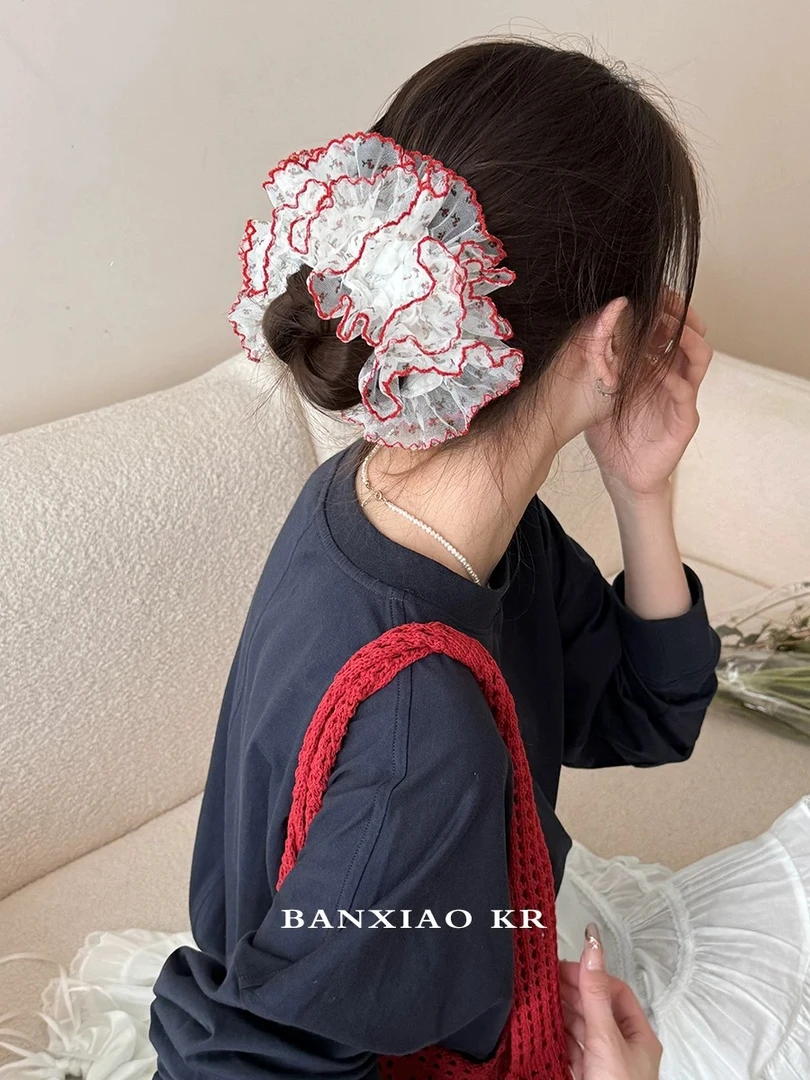 红色碎花边蕾丝大肠发圈女超仙网纱头绳法式慵懒感丸子头发绳头饰