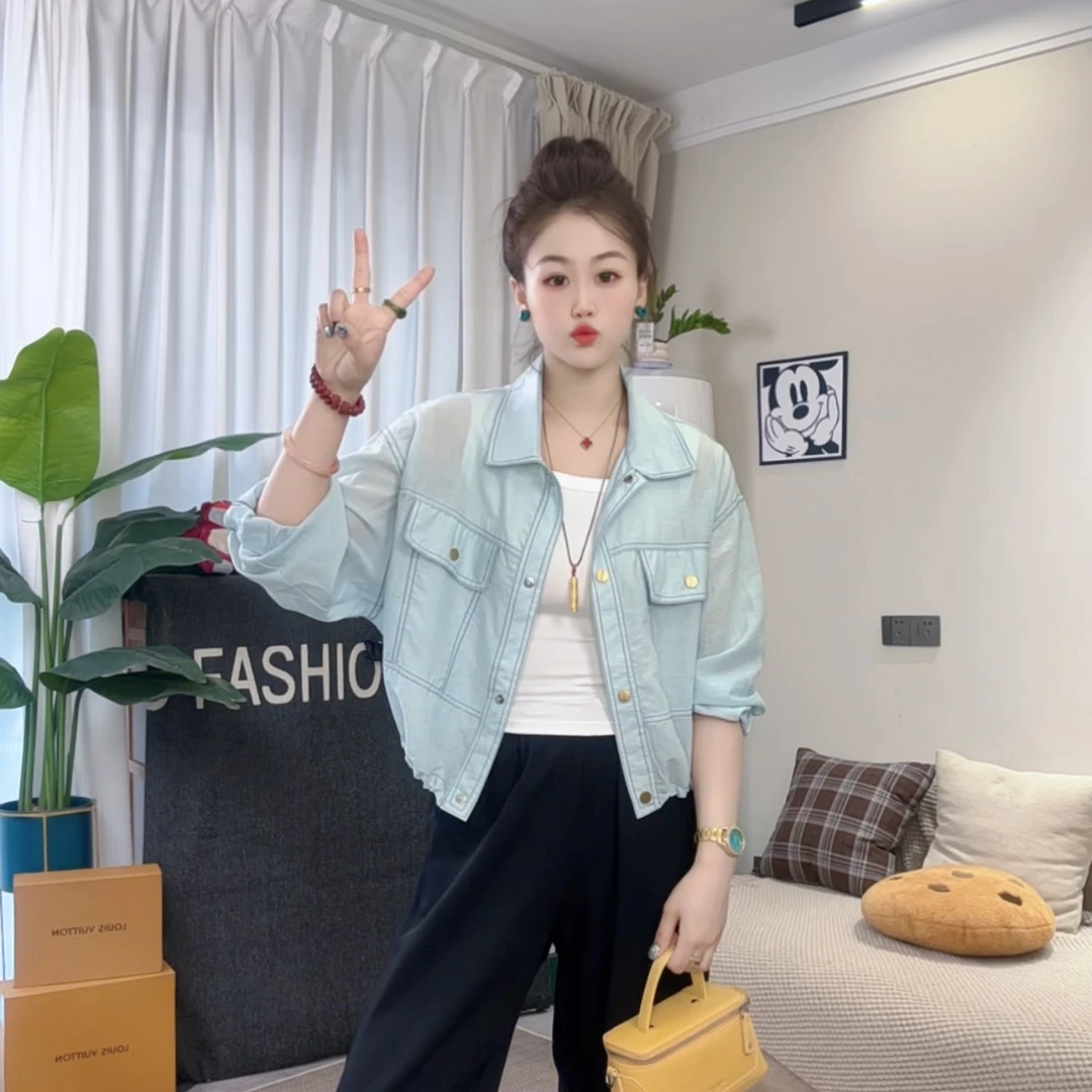 2025年夏季防晒衣翻领衬衫短外套女工装夹克抽绳显瘦休闲百搭