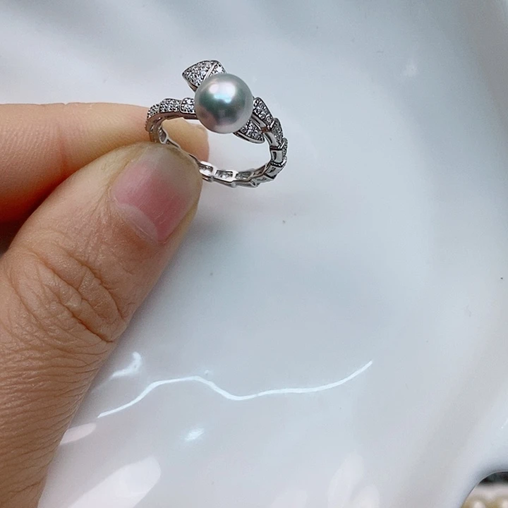 海水珍珠戒指银S925镶嵌7~8