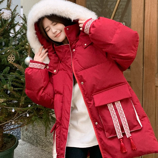 300斤大码胖mm红色宽松棉衣外套女冬季棉袄女棉服加厚保暖面包服