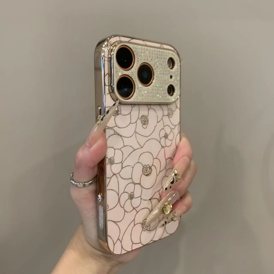 闪钻镜头满屏玫瑰花适用苹果17ProMax手机壳16plus防摔15女14Pro