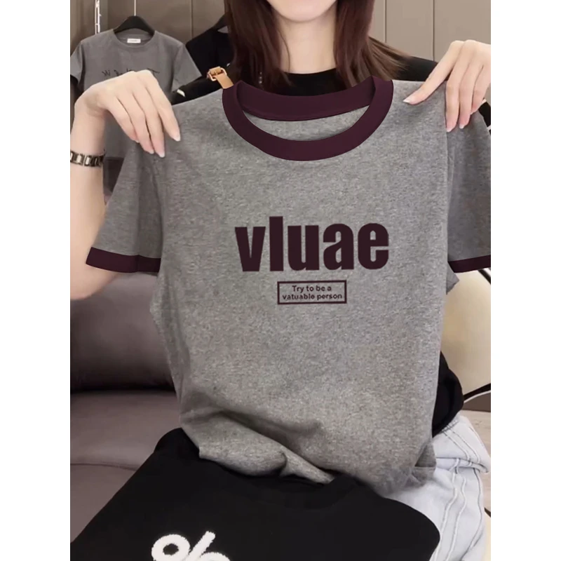 插色领口正肩纯棉短袖t恤女2025新款时尚百搭设计感夏季洋气上衣