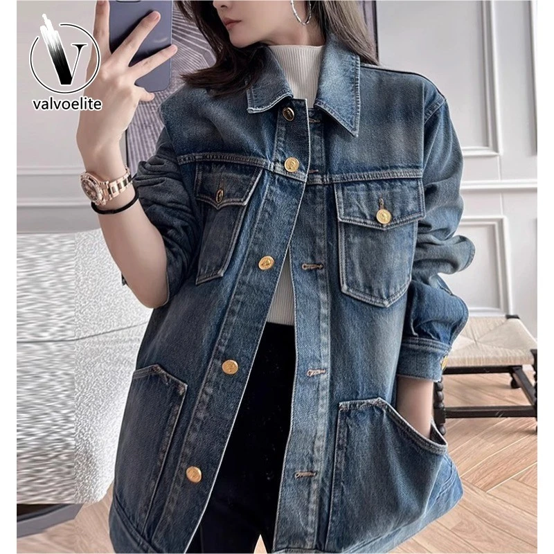 VALVOELITE美式重工水洗牛仔外套女春秋新款宽松休闲百搭夹克上衣