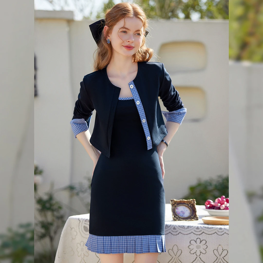 【商场同款新品】白鹿语格纹拼接两件套春季吊带裙套装BY20340