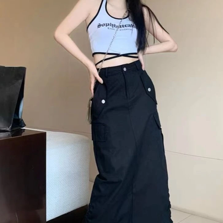 美式vibe工装抽绳休闲半身裙女高腰显瘦直筒开叉中长裙宽松包臀裙