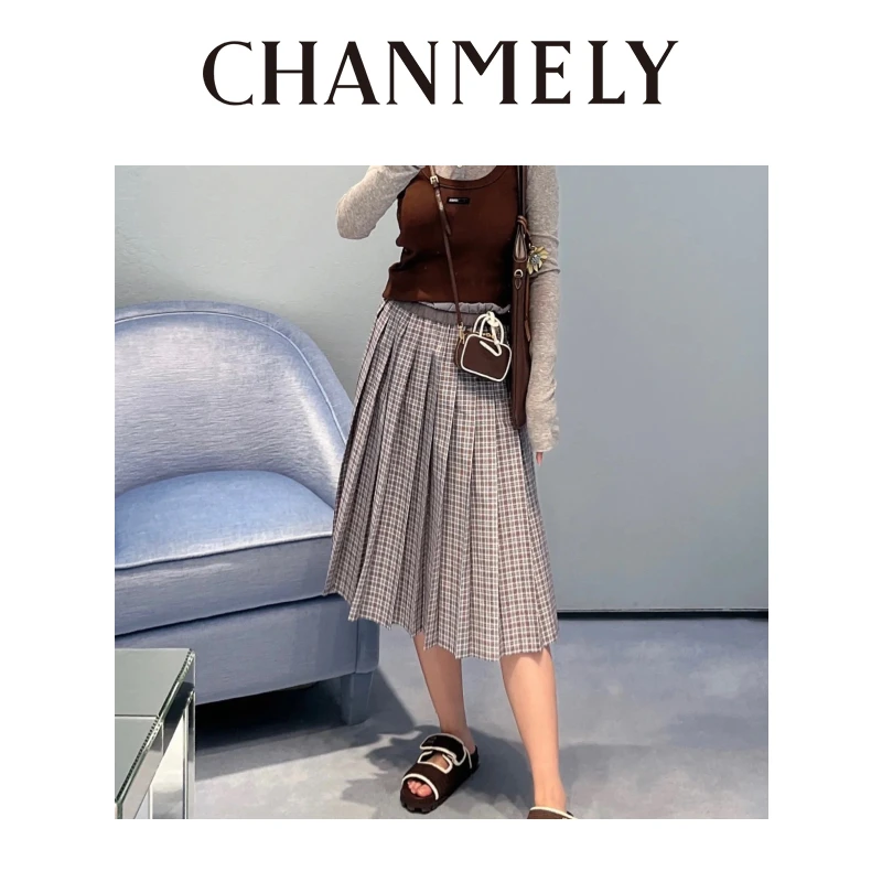 【CHANMITY】松间明月格纹百褶穿出清逸文艺感大摆半裙 025508