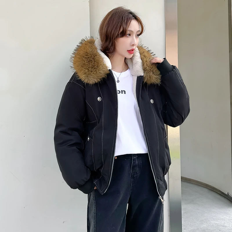 美式复古毛领座山雕连帽外套冬季加厚克服加绒短款棉服棉衣小个子