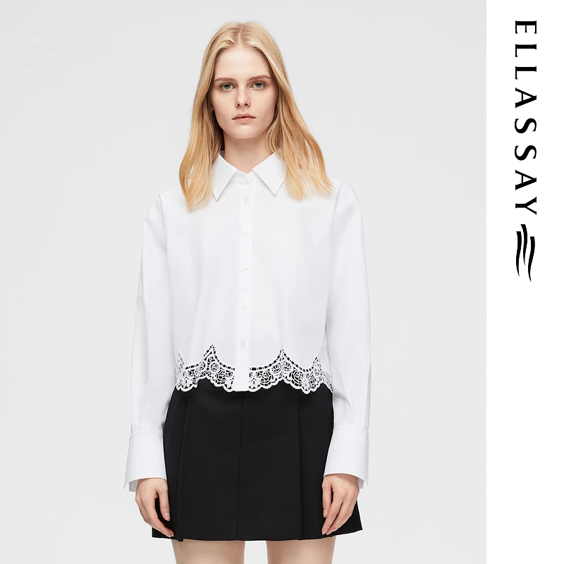 ELLASSAY歌力思25早春新款棉感蕾丝镂空法式风情衬衫EWB361C00600