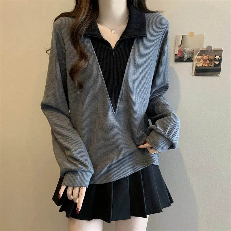 大码遮肚子拼色POLO领拉链打底衫女春秋胖妹妹宽松显瘦假两件上衣