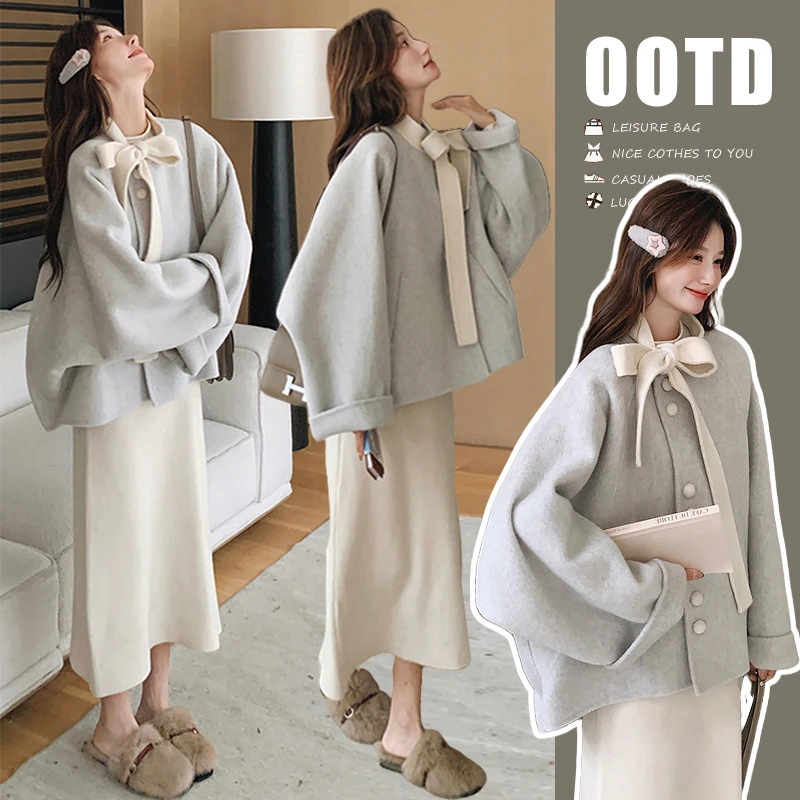 2025秋冬季女装新款时尚宽松显瘦蝴蝶结毛呢上衣外套半身裙两件套