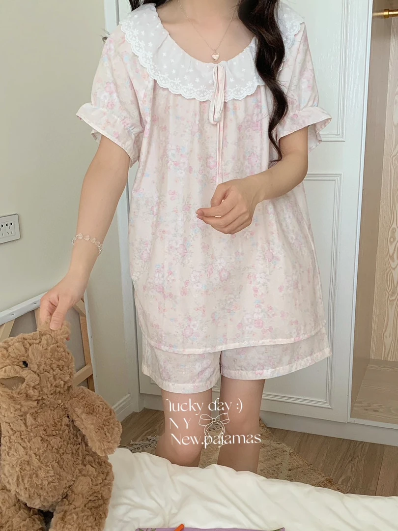 甜美风纯棉系绳蕾丝短袖短裤 家居小件 ny27