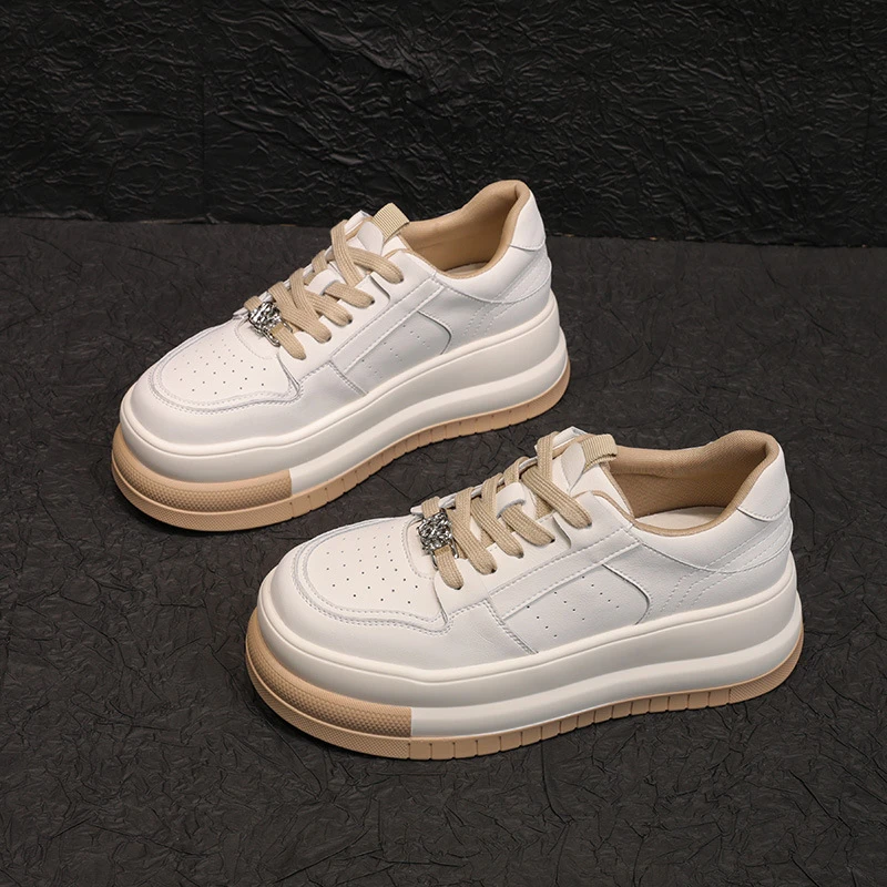 韩版系带小白鞋女2025春季新款松糕厚底加绒学院风真皮百搭休闲鞋