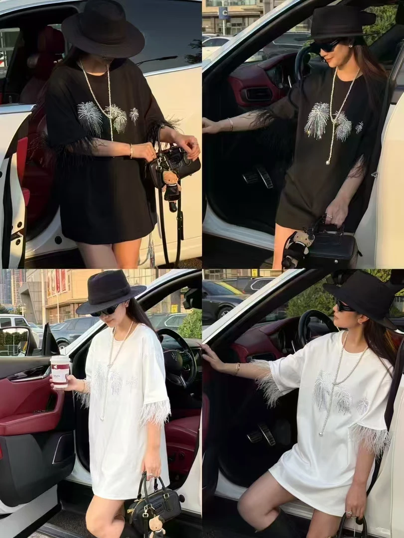 亮片简约通勤慵懒风短袖印花T恤套装春夏网红