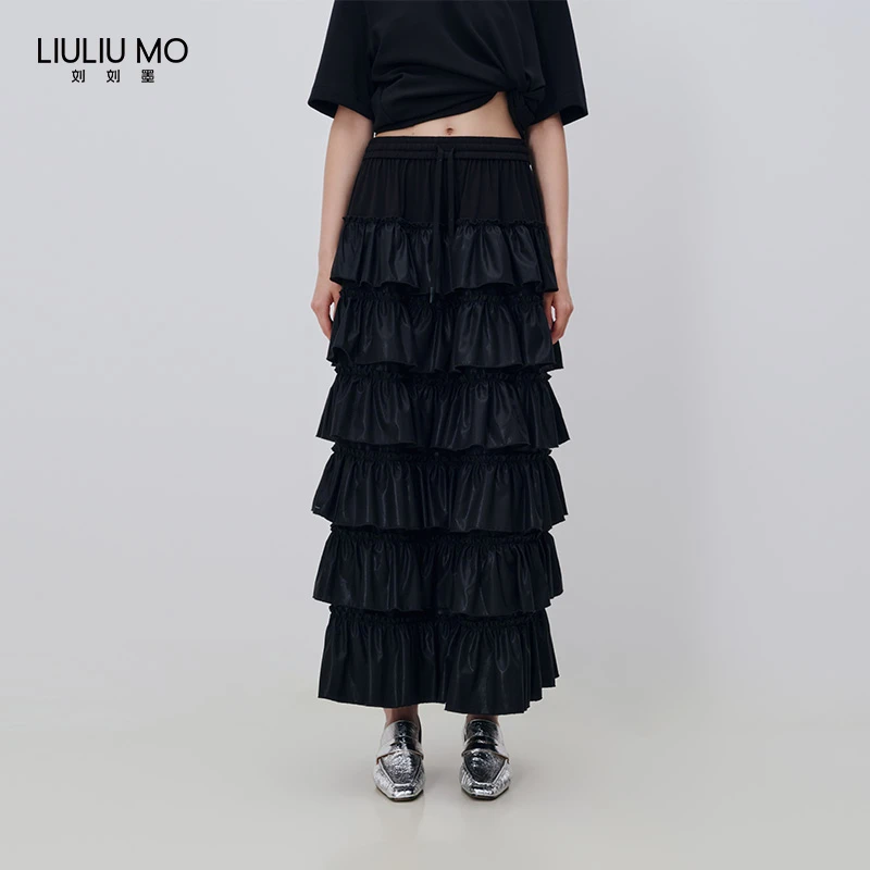 刘刘墨原创小众设计时尚百搭中长款拼接蛋糕显瘦A字黑色半裙