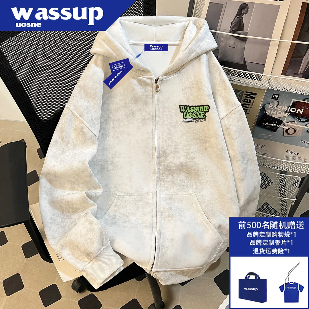 WASSUP UOSNE街头潮牌连帽卫衣男2025年爆款boxy百搭短宽拉链开衫