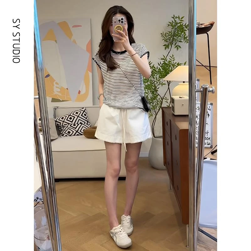 VOCKOO官方巨好看的夏装一整套条纹复古圆领短袖T恤女抽绳松紧腰
