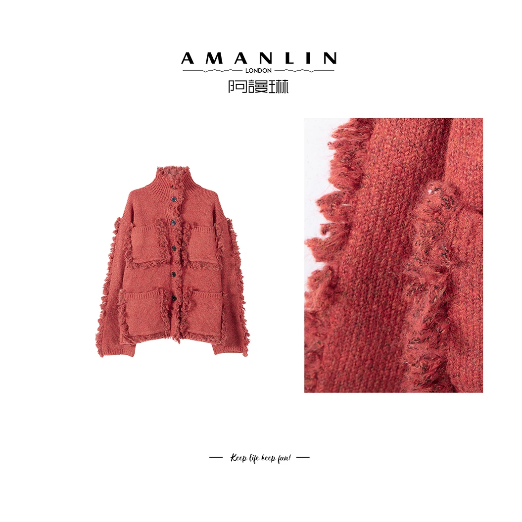 【AMANLIN】红色流苏设计感针织休闲气质百搭圣诞节上衣女F595092