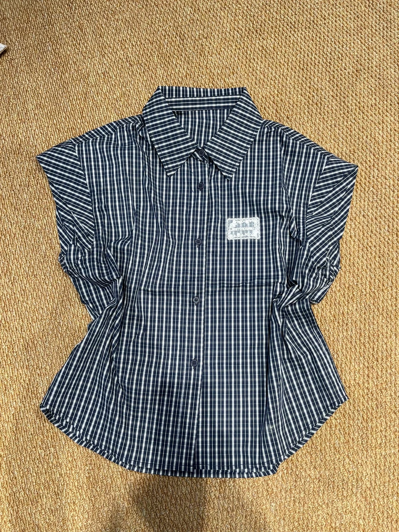 夏季时尚简约百搭翻领蕾丝标格子无袖衬衫小衫上衣女【轻田少女】