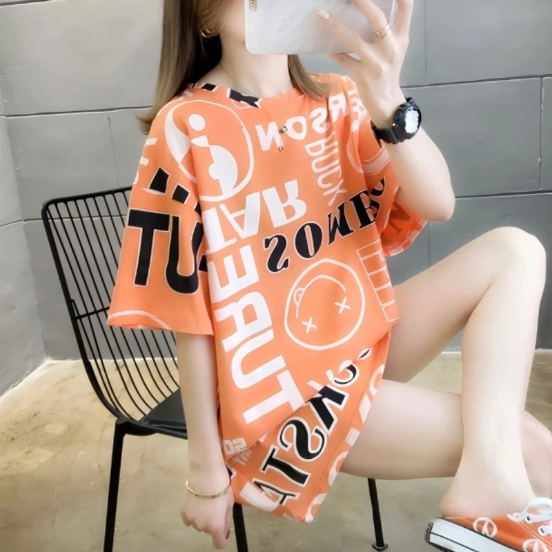 宽松夏季印花ins长款夏装洋气网红百搭中长款辣妈短袖T恤韩版时尚