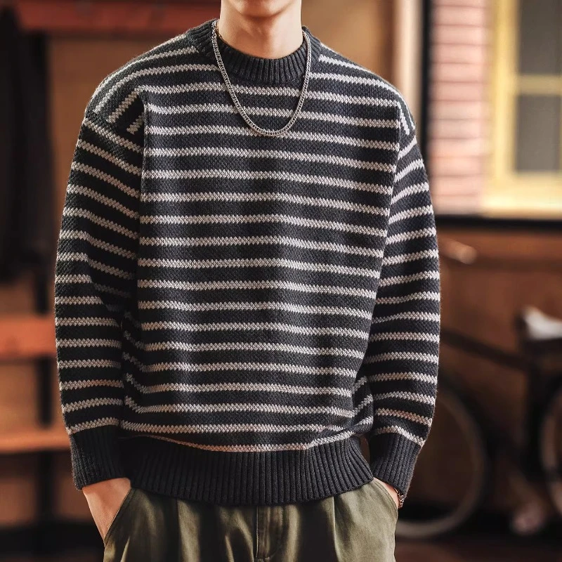 MR.MUDI/穆迪先生美式条纹毛衣男秋冬新款宽松休闲保暖针织打底衫