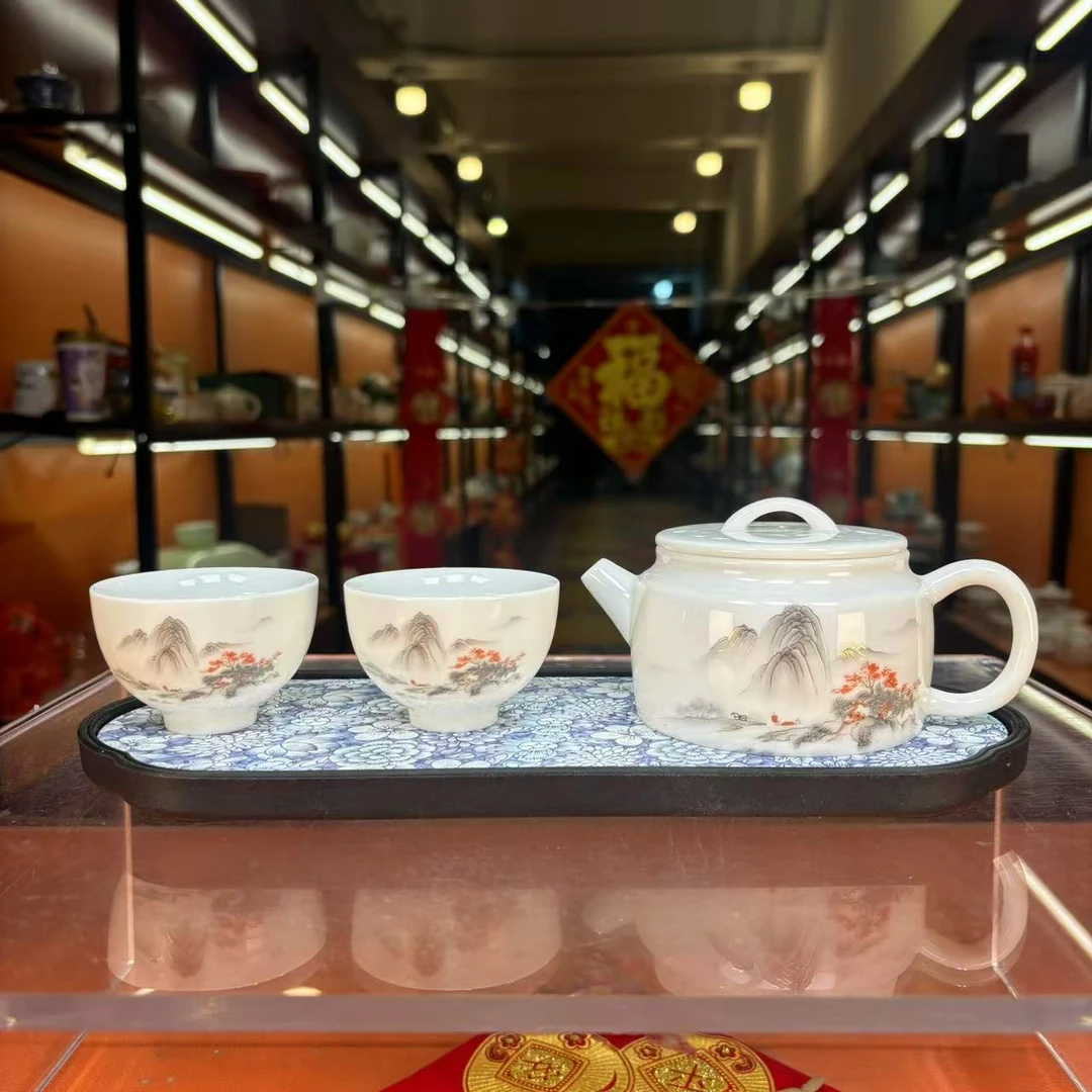 秋香茶具  羊脂玉瓷水墨山水汉瓦壶一壶两杯小套装（无礼盒）-5366