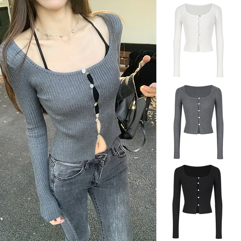 Moses Queen/魔西女王早春纯欲辣妹u领小外套女短款长袖针织上衣