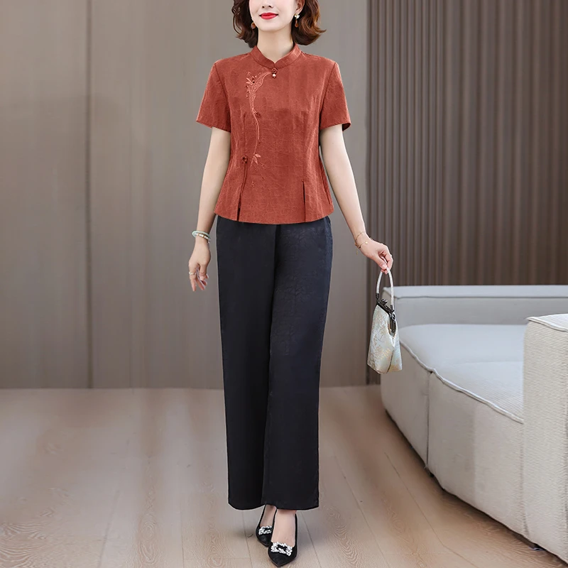 洋气新中式龟裂纹中老年妈妈优雅套装女夏装上衣阔腿裤时尚两件套