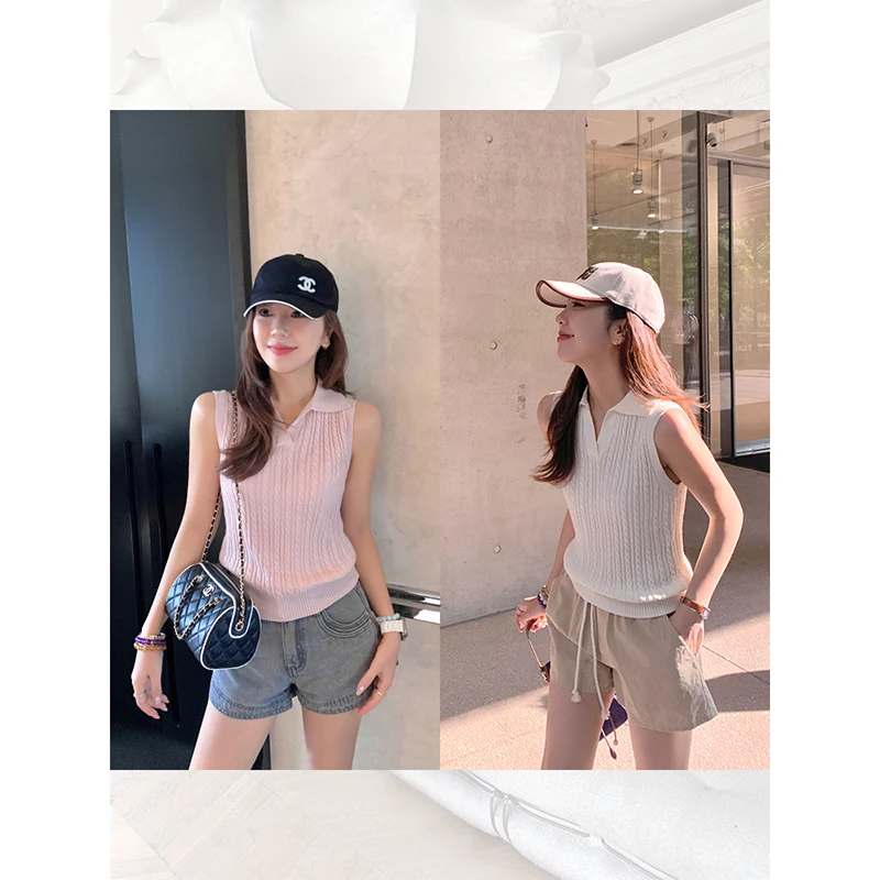 CHERI.Z高知少女风 复古绞花 polo领显瘦针织背心透气百搭
