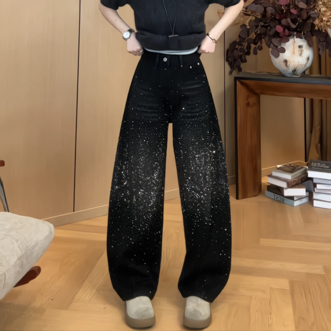 欧尼私服2025冬季新款加绒加厚烫钻细闪满天星牛仔裤 2511C8117