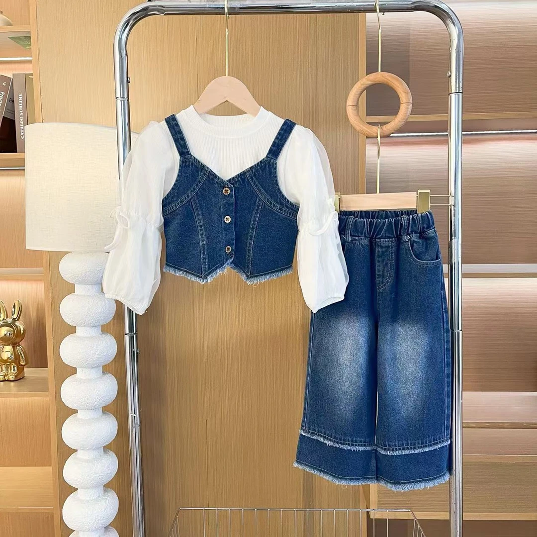韩版童装女童牛仔套装2024春季儿童洋气网红炸街背心牛仔裤两件套