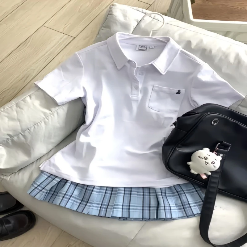 日系原创JK制服夏季POLO衫收腰短袖衬衫上衣新款学院风刺绣纯色
