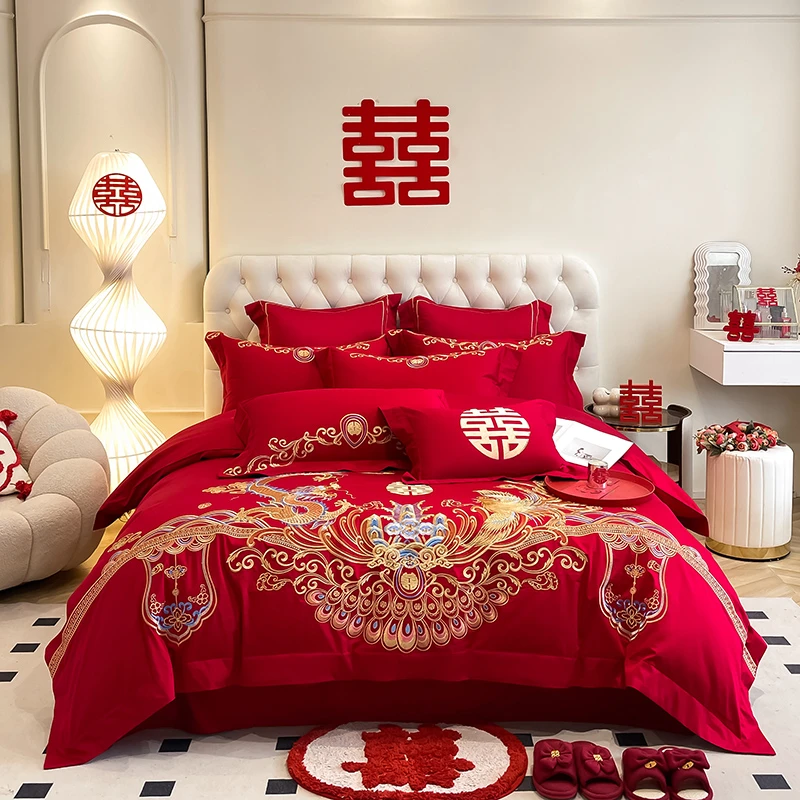 中式重工龙凤刺绣磨毛婚庆四件套高档结婚大红色喜被婚被床上用品