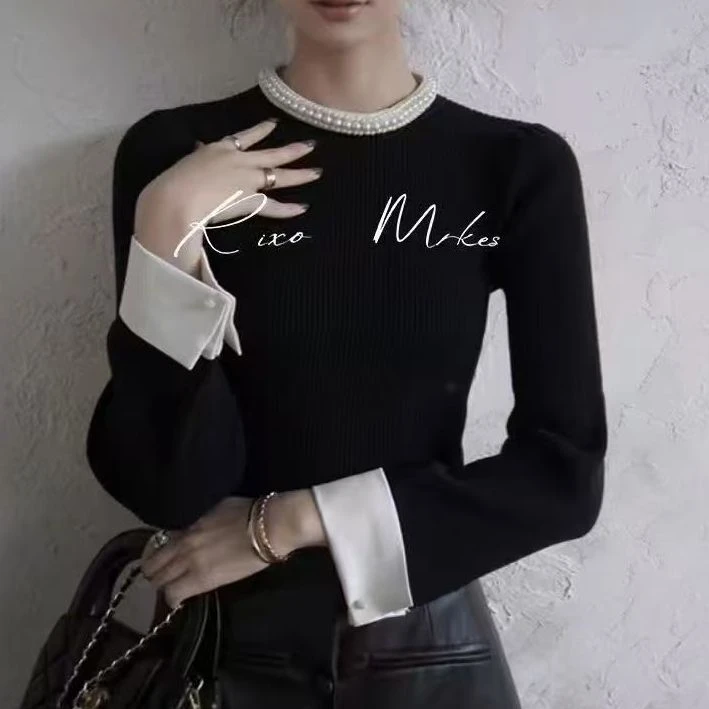 KIKI严选：26239-欧洲站南油秋冬新款时尚珍珠圆领坑条毛衣