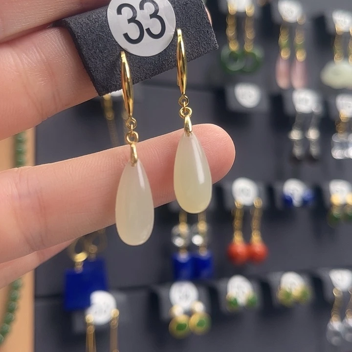 无***念和田玉银S925镀金镶嵌耳饰