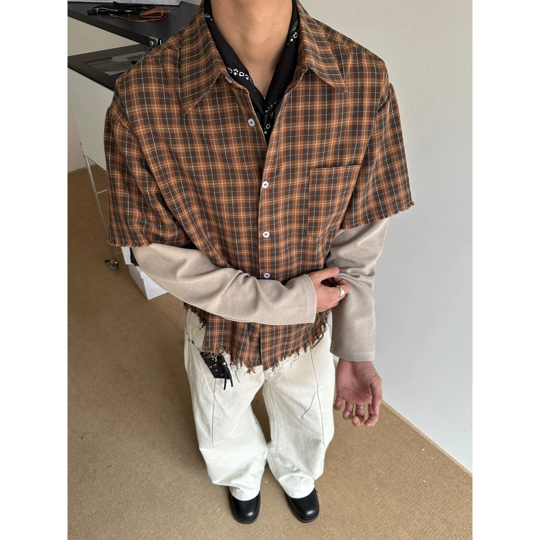 CZ2秋季复古做旧毛边假两件男女vibe设计感格纹衬衫宽松休闲衬衣