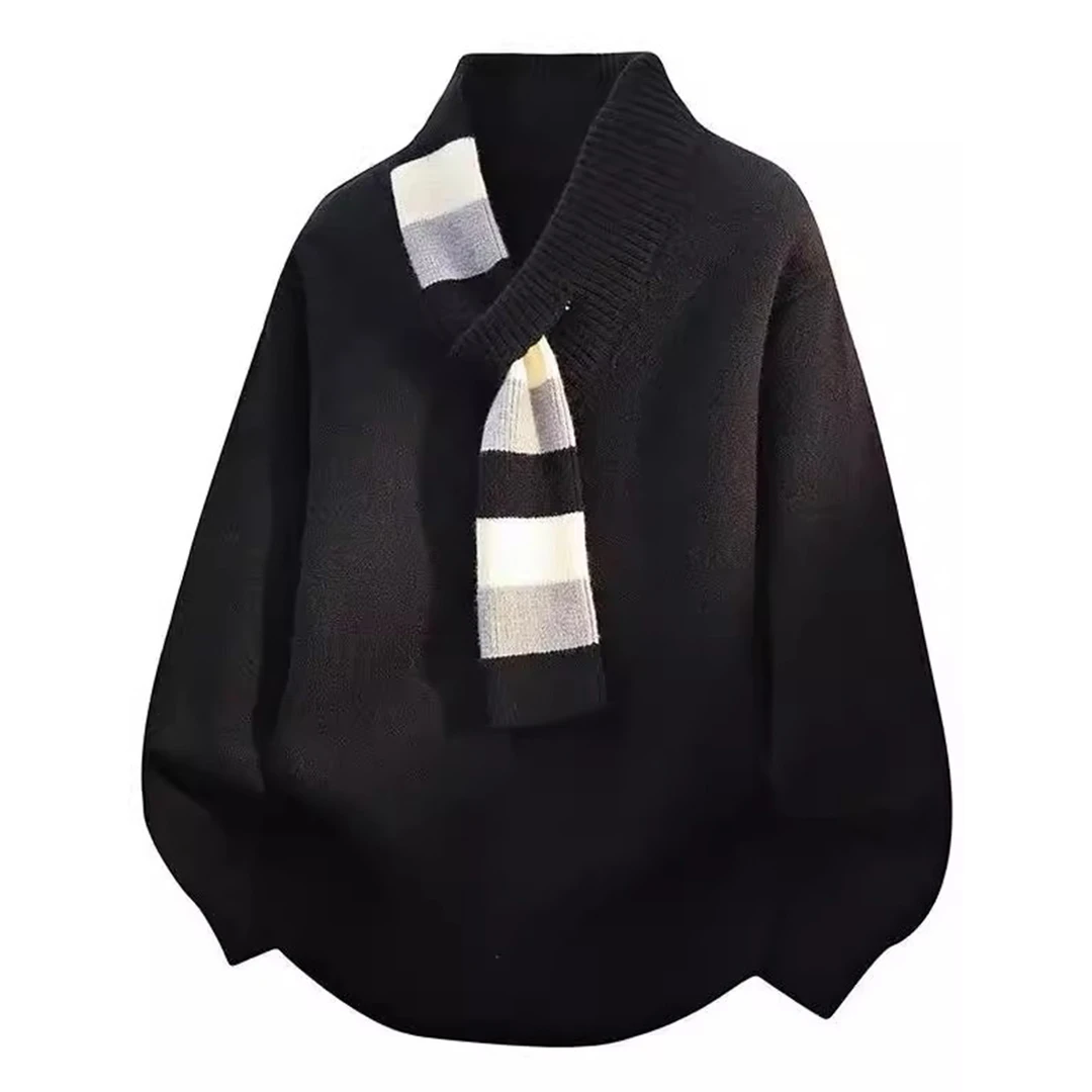 大码300斤设计感V领毛衣秋冬新款高级感宽松围巾针织衫黑色上衣女