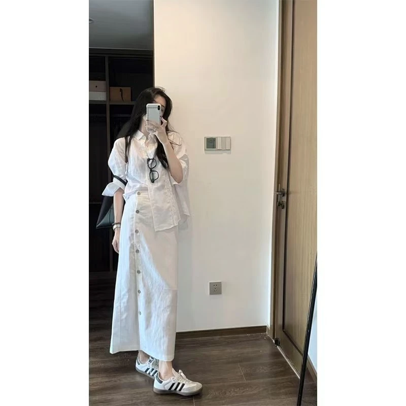 休闲风宽松百搭薄款衬衫上衣女2025夏季新款单排扣A字半身裙套装