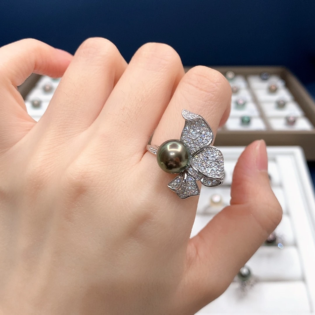 银S925镶嵌戒圈海水珍珠大溪地金绿戒指