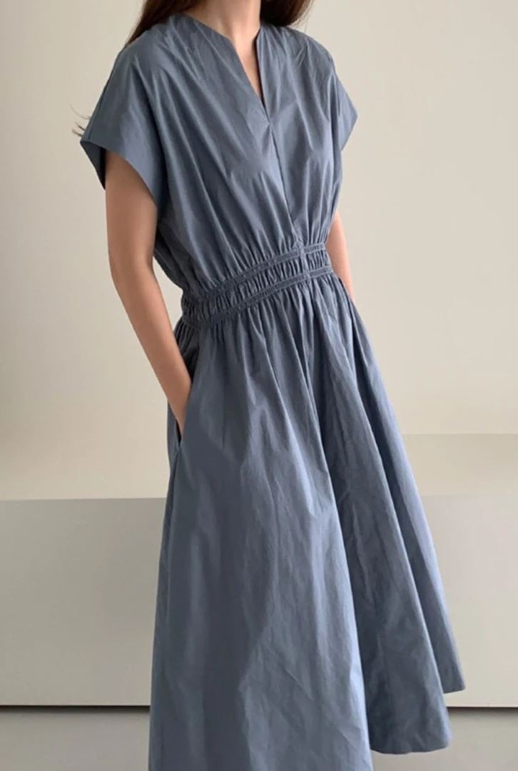 法式连衣裙常规高腰裙子抽绳飞飞袖拼接夏季长裙系带