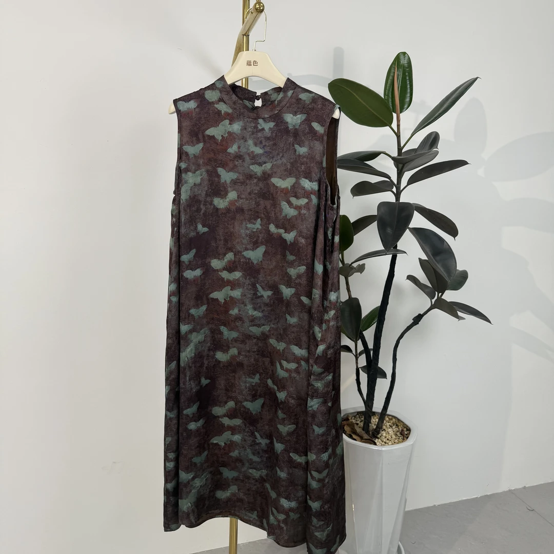 香云纱桑蚕丝无袖蝴蝶飞飞蓝色连衣裙hz8835