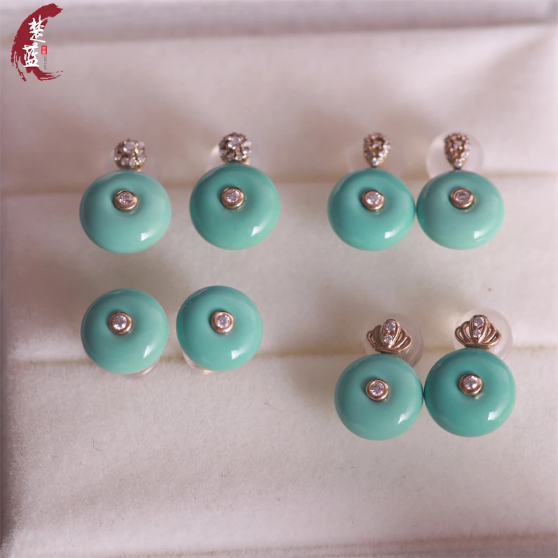 绿松石面包圈平安扣耳钉天然原矿18k金镶嵌女款耳饰耳环耳钉