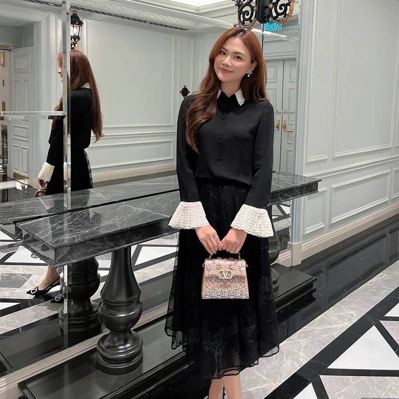 【琳媚】衬衫！气质时髦气质百搭蕾丝翻领喇叭袖衬衫女