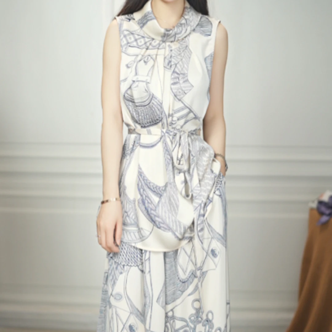 气质领印花上衣搭配松紧腰阔腿裤时尚休闲套装