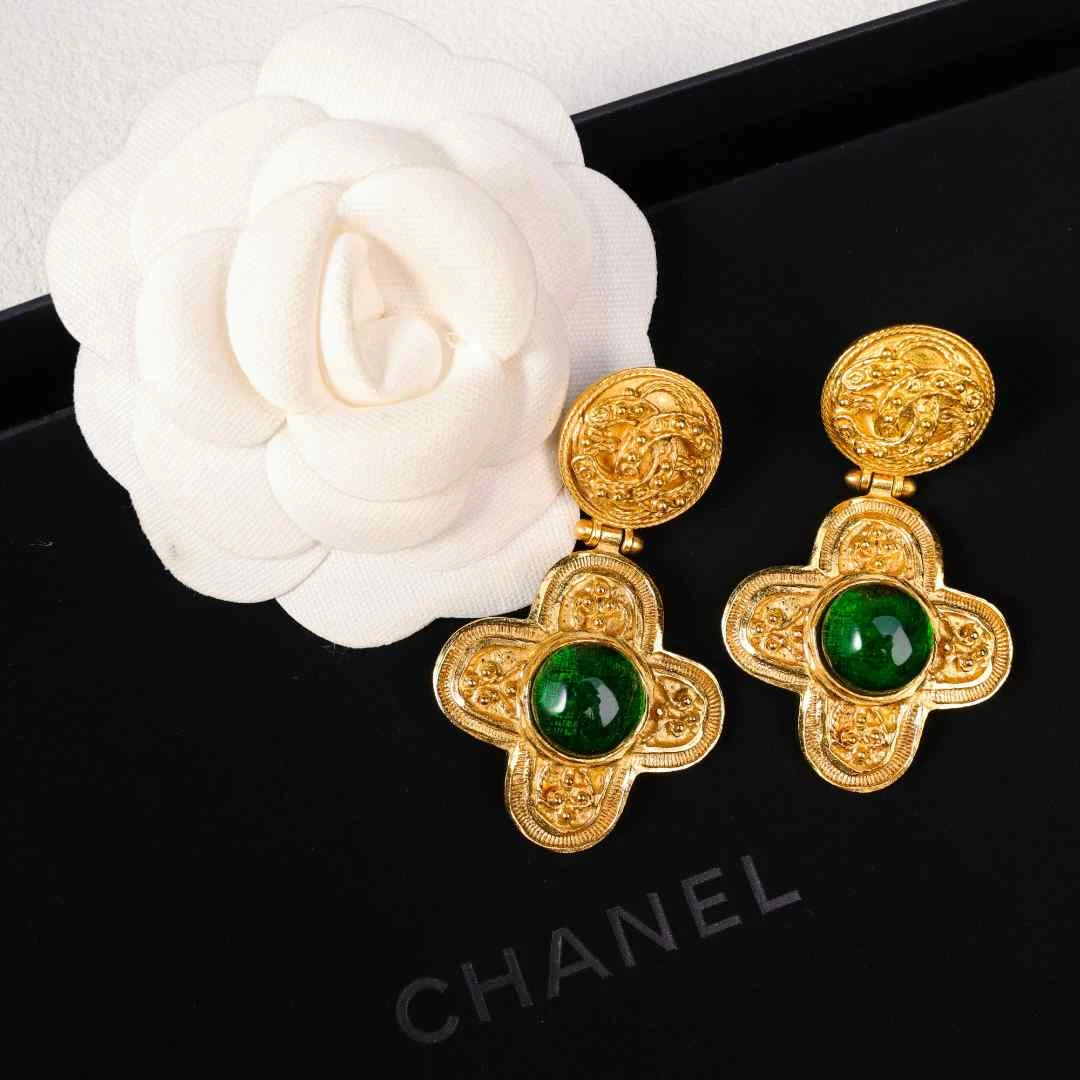 95新 Chanel/香奈儿 柚礼中古/绿琉璃葡萄藤十字耳夹HZ606019