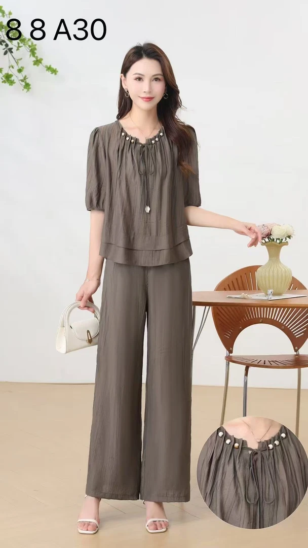 时尚新款国风夏季女装短袖阔腿裤休闲套装