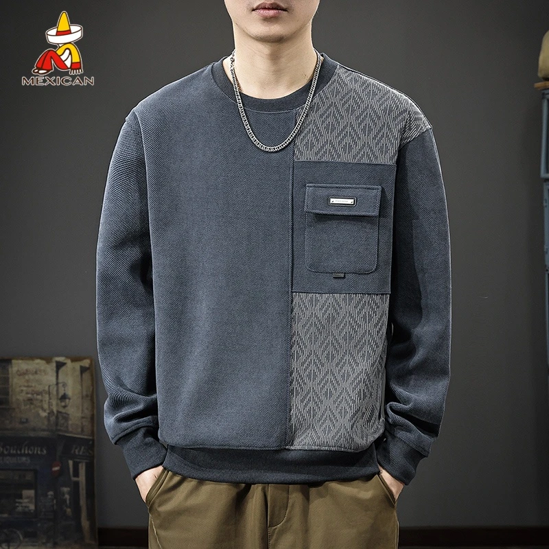Mexican/稻草人秋季猫眼拼布提花卫衣男款美式潮牌宽松男士套头衫