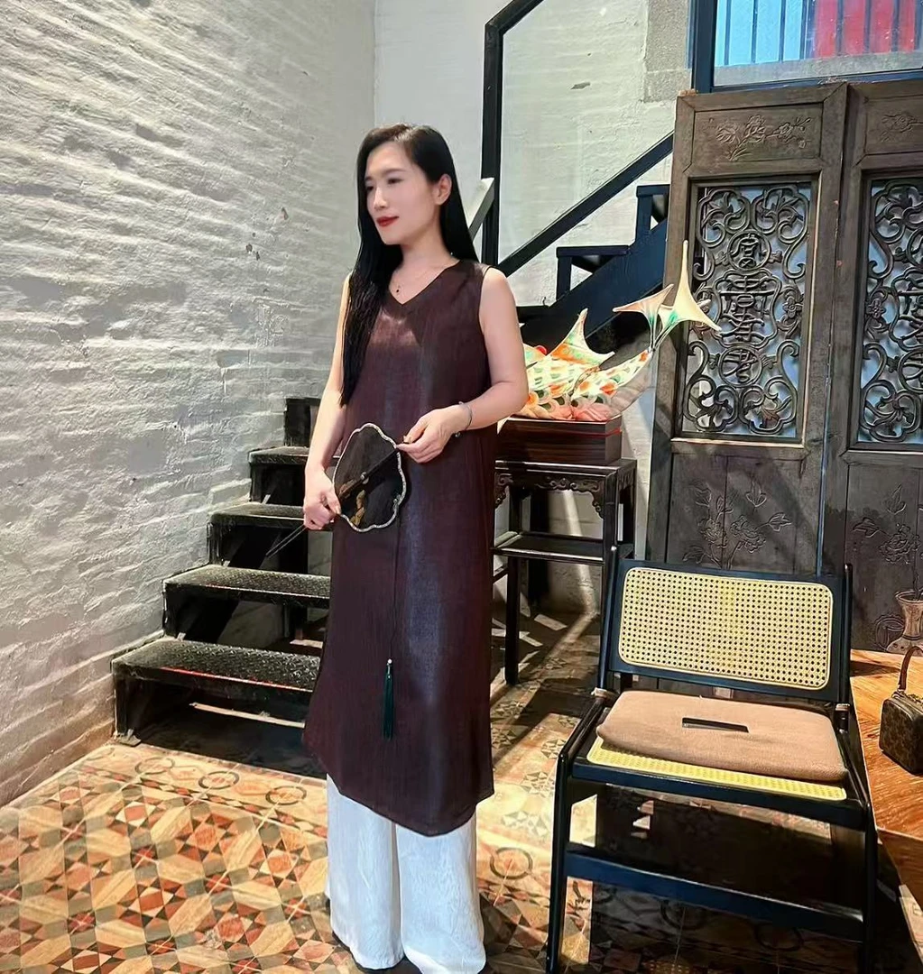 轻奢双面显瘦夏季V领裙子中长款时尚气 质新中式复古裙