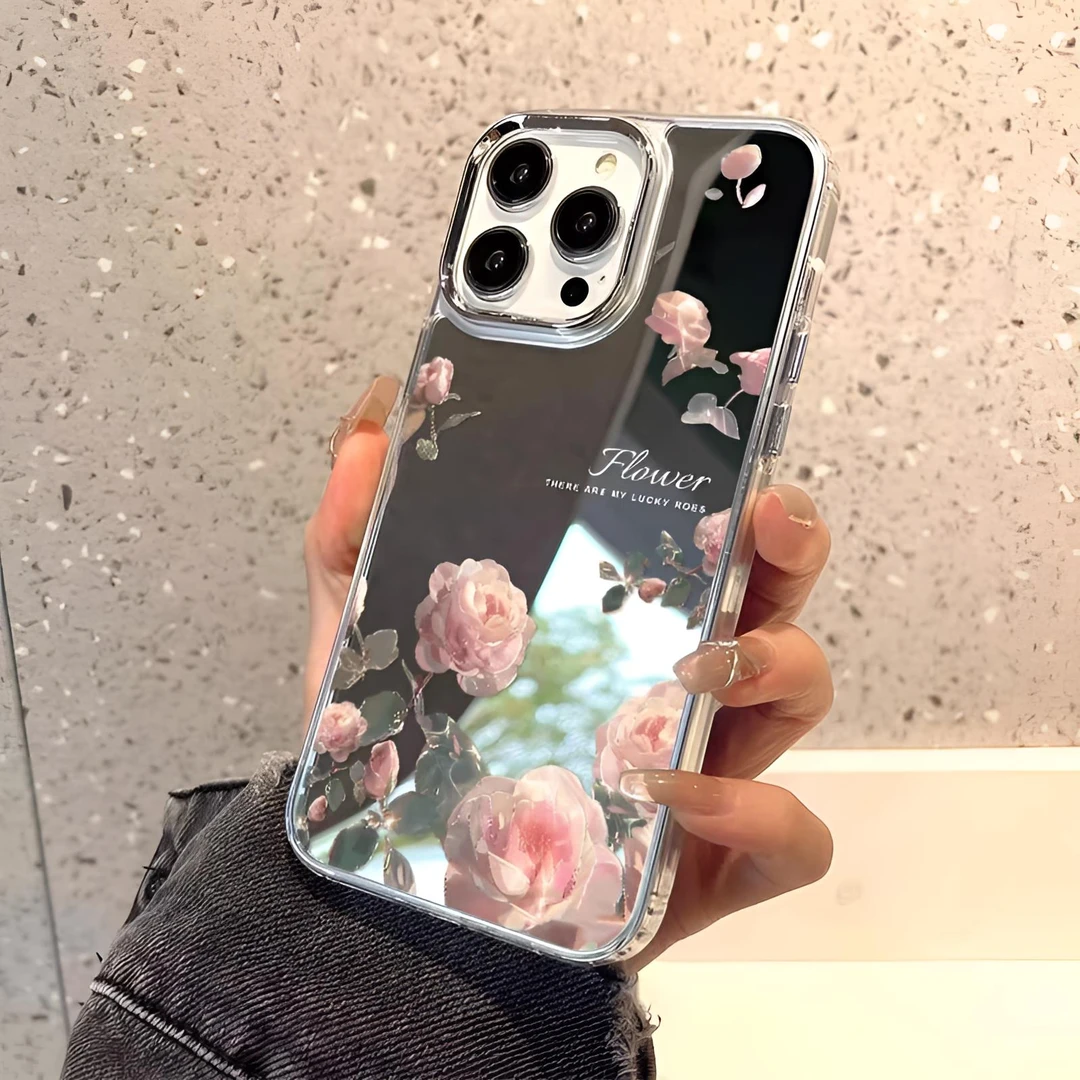 镜面粉色玫瑰适用苹果15手机壳iPhone14镜面13promax12个性高级16